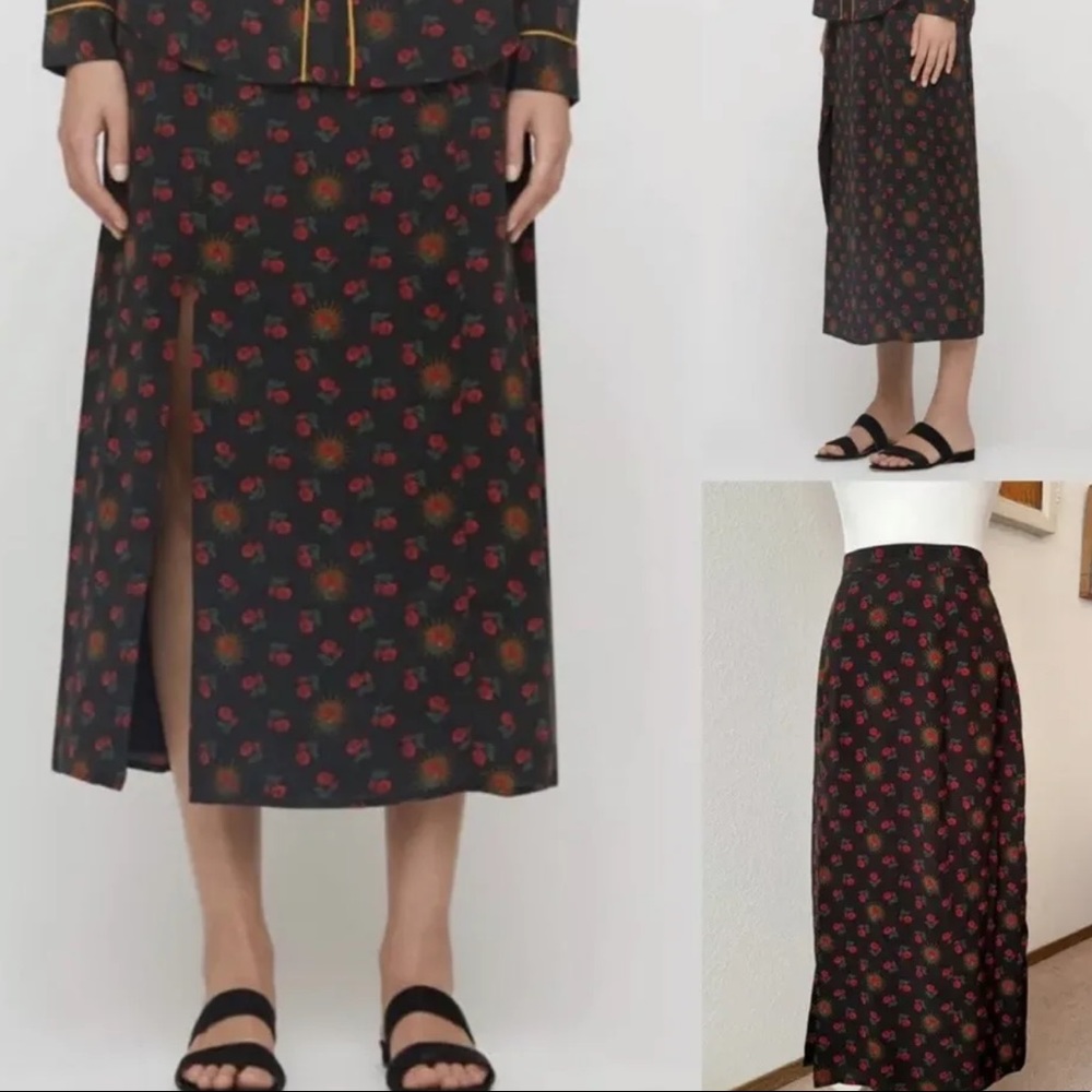 Baldwin Eva Red Calico Roses Black Maxi Silk Skirt Floral Size XS